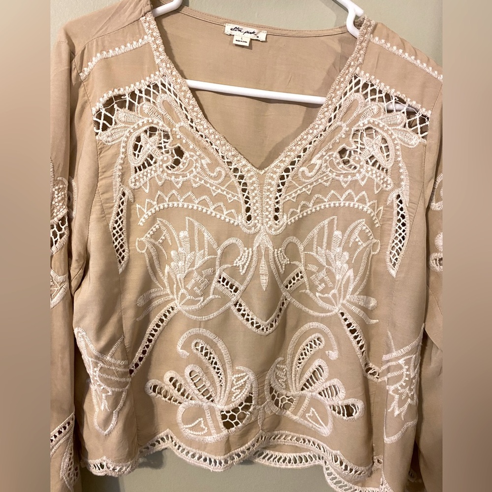Ultra Pink blouse size L, long sleeves, Embroidered eyelet design